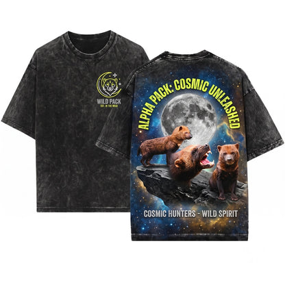 Three Wolverine Moon Vintage Gulo Galaxy Cosmic Mustelid Graphic Wild Animal Lover Space Gift Unisex Wash T-Shirt