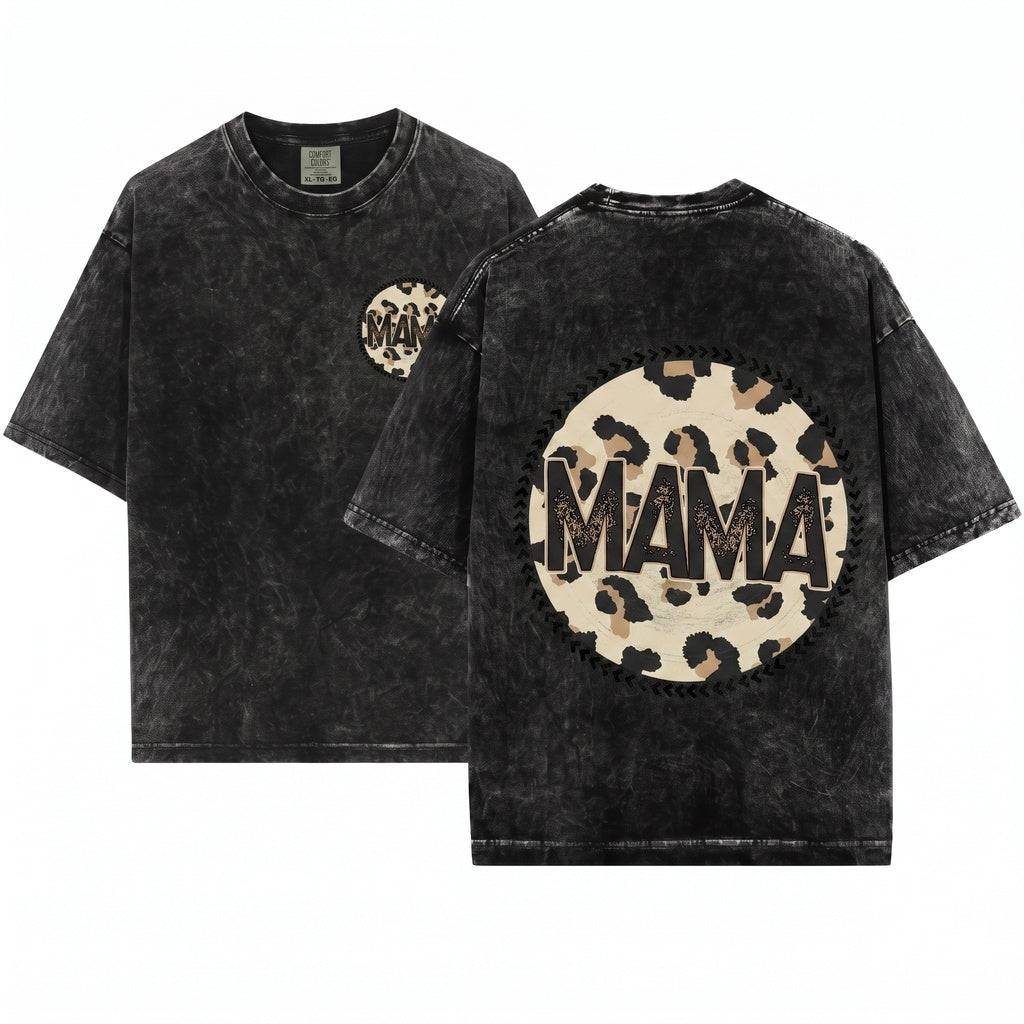 Mama Western Cowboy Leopard Print Circle Garment Dyed Gift Unisex Wash T-Shirt