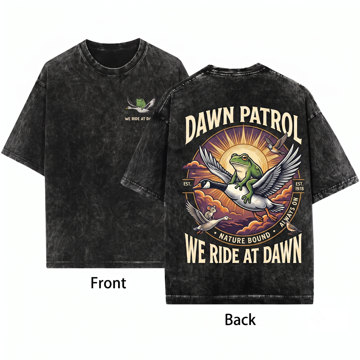 We Ride at Dawn Graphic Tee - Funny Frog Goose Chaotic Animal Gamer Gift Unisex Heavyweight Garment-Dyed T-Shirt