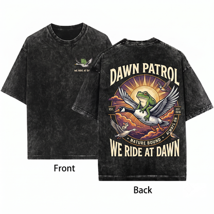 We Ride at Dawn Graphic Tee - Funny Frog Goose Chaotic Animal Gamer Gift Unisex Heavyweight Garment-Dyed T-Shirt