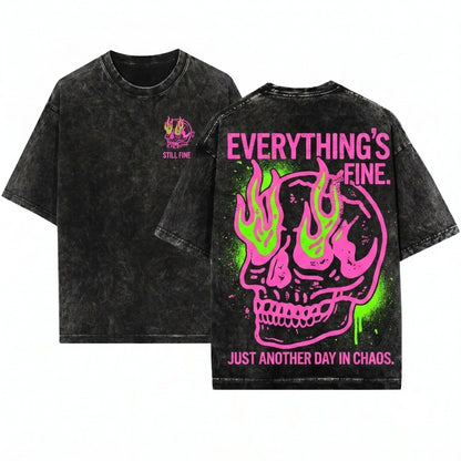 Everything Is Fine Retro Grunge Sarcastic Funny Skeleton Festival Rebel Neon Unisex Wash T-Shirt