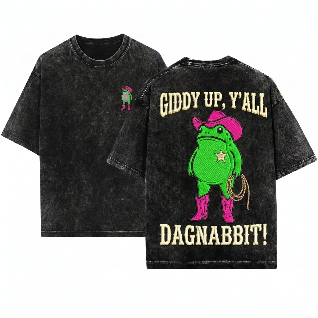 Dagnabbit Cowboy Frog Embroidered Pink Cowgirl Boots Graphic Apparel Funny Vintage Unisex Wash T-Shirt