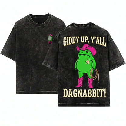 Dagnabbit Cowboy Frog Embroidered Pink Cowgirl Boots Graphic Apparel Funny Vintage Unisex Wash T-Shirt