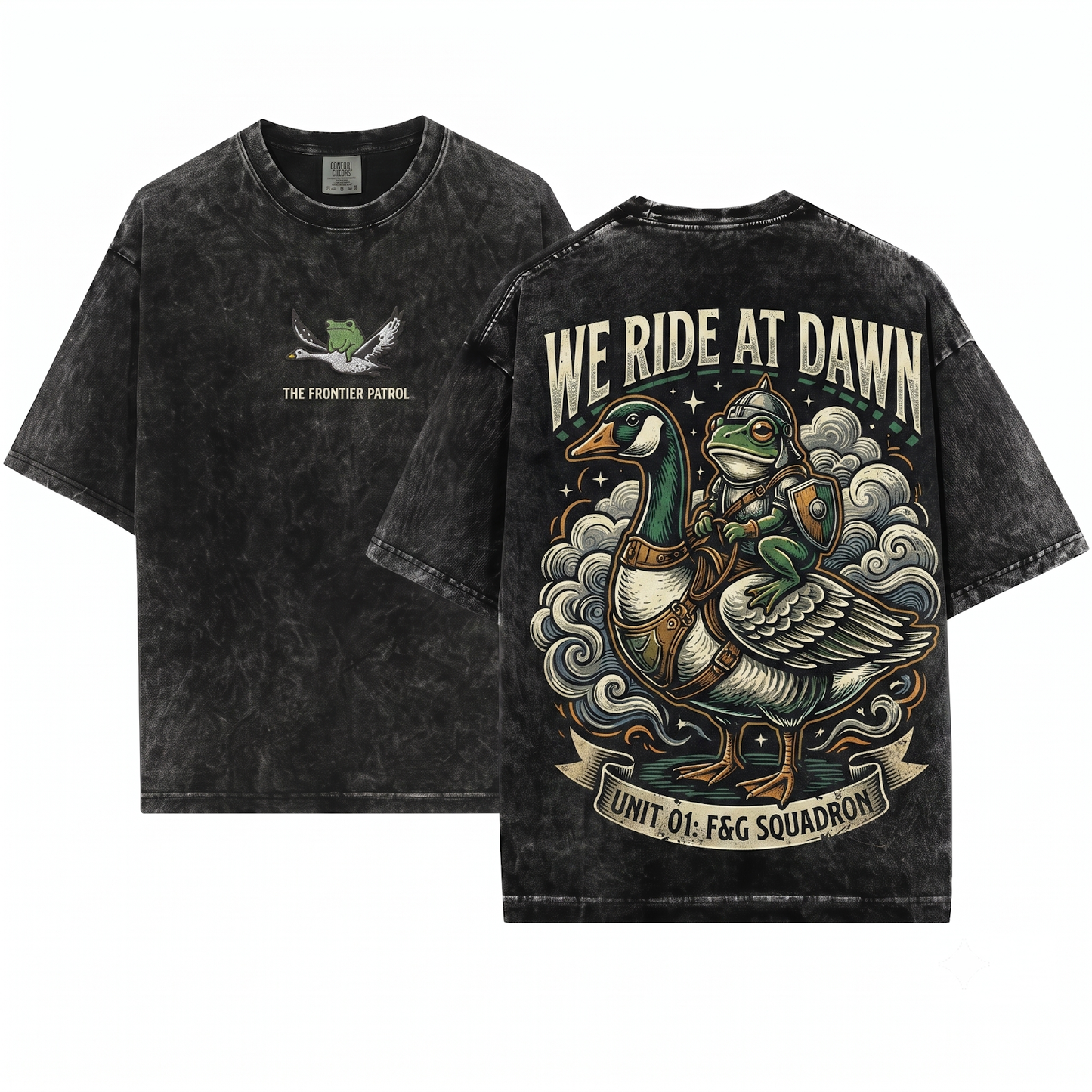 We Ride at Dawn Graphic Tee - Funny Frog Goose Chaotic Animal Gamer Gift Unisex Heavyweight Garment-Dyed T-Shirt