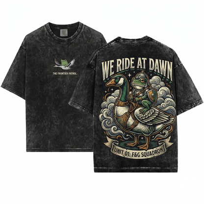 We Ride at Dawn Graphic Tee - Funny Frog Goose Chaotic Animal Gamer Gift Unisex Heavyweight Garment-Dyed T-Shirt
