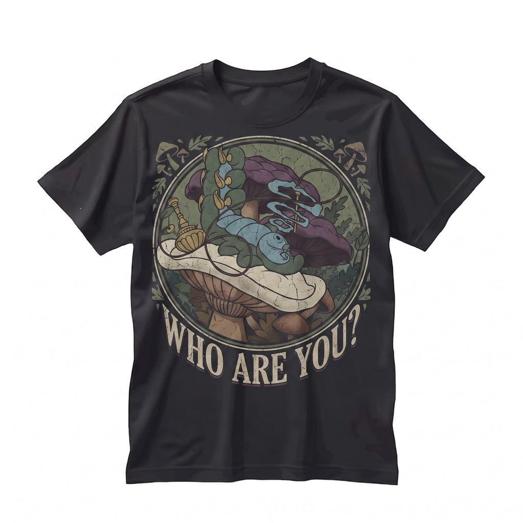 Who Are You Caterpillar Psychedelic Mushroom Retro Cartoon Dark Academia Whimsical Forest Gift Unisex TShirt