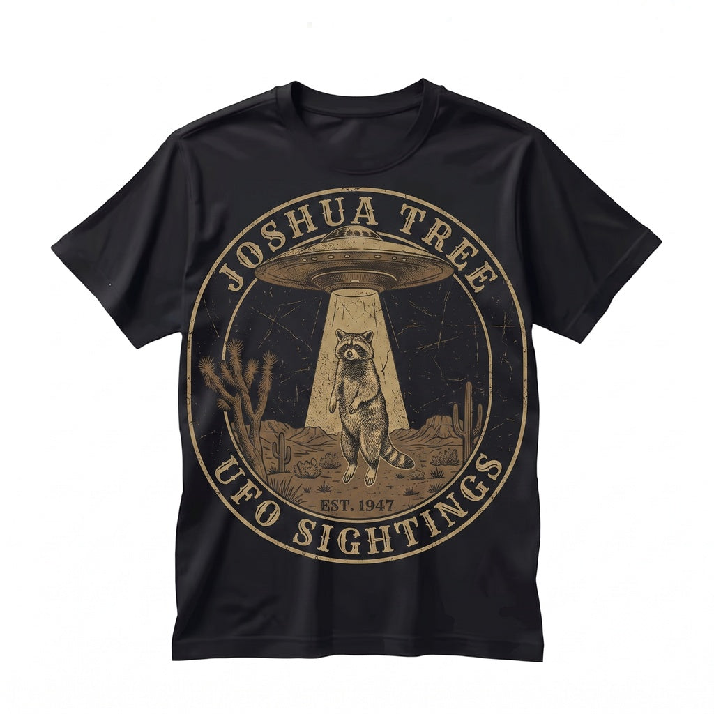Retro Alien Raccoon Graphic UFO Desert Abduction Y2K Sci Fi Western Funny Animal Gift Apparel Unisex TShirt