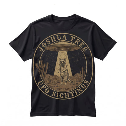 Retro Alien Raccoon Graphic UFO Desert Abduction Y2K Sci Fi Western Funny Animal Gift Apparel Unisex TShirt