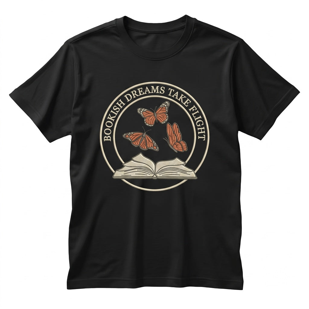 Monarch Butterfly Open Book Embroidered Floral Reader Crewneck Novelty Literary Gift Apparel Unisex TShirt