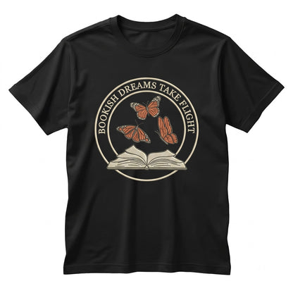 Monarch Butterfly Open Book Embroidered Floral Reader Crewneck Novelty Literary Gift Apparel Unisex TShirt