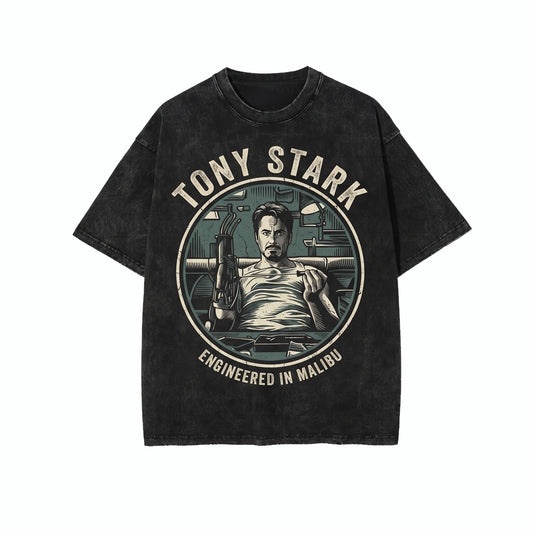 Vintage Tony Stark Arc Reactor Graphic Apparel, Retro Armored Superhero Fan Top, Comic Theme Park Merchandise, Oversized Unisex