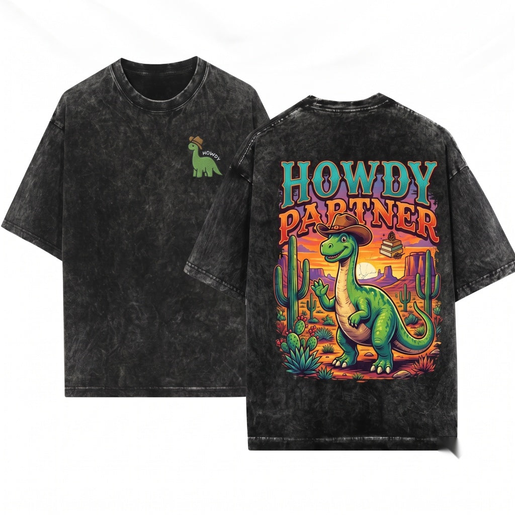 Howdy Embroidered Funny Western Cute Country Gift Dinosaur Unisex Wash T-Shirt