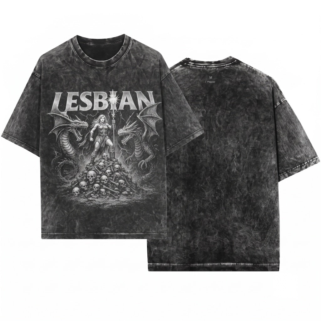 Lesbian Warrior Dragon Fantasy Vintage Retro Dark Art Grunge Castle Gothic Unisex Wash T-Shirt