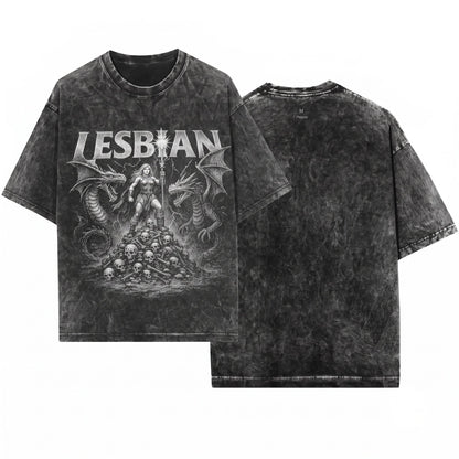 Lesbian Warrior Dragon Fantasy Vintage Retro Dark Art Grunge Castle Gothic Unisex Wash T-Shirt