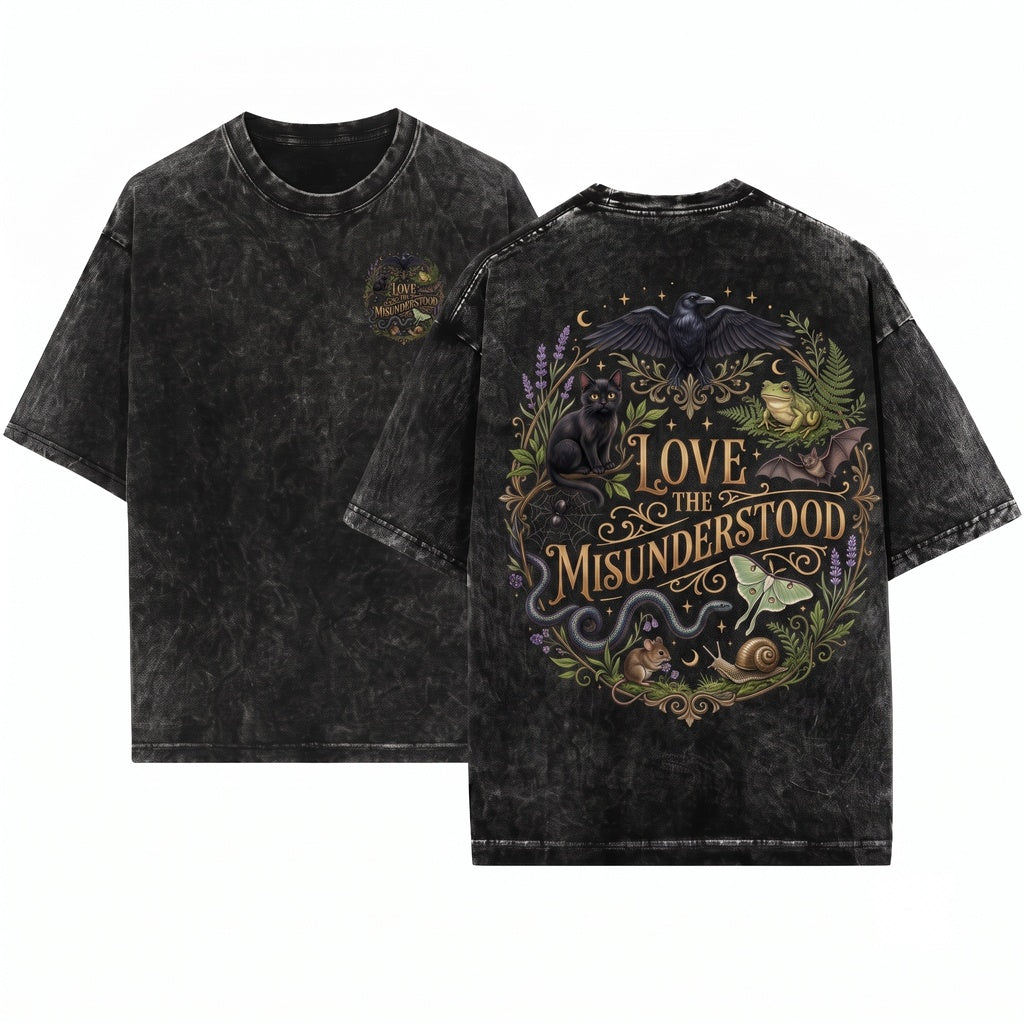 Love Misunderstood Bat Raven Cat Snake Frog Moth Unisex Wash T-Shirt
