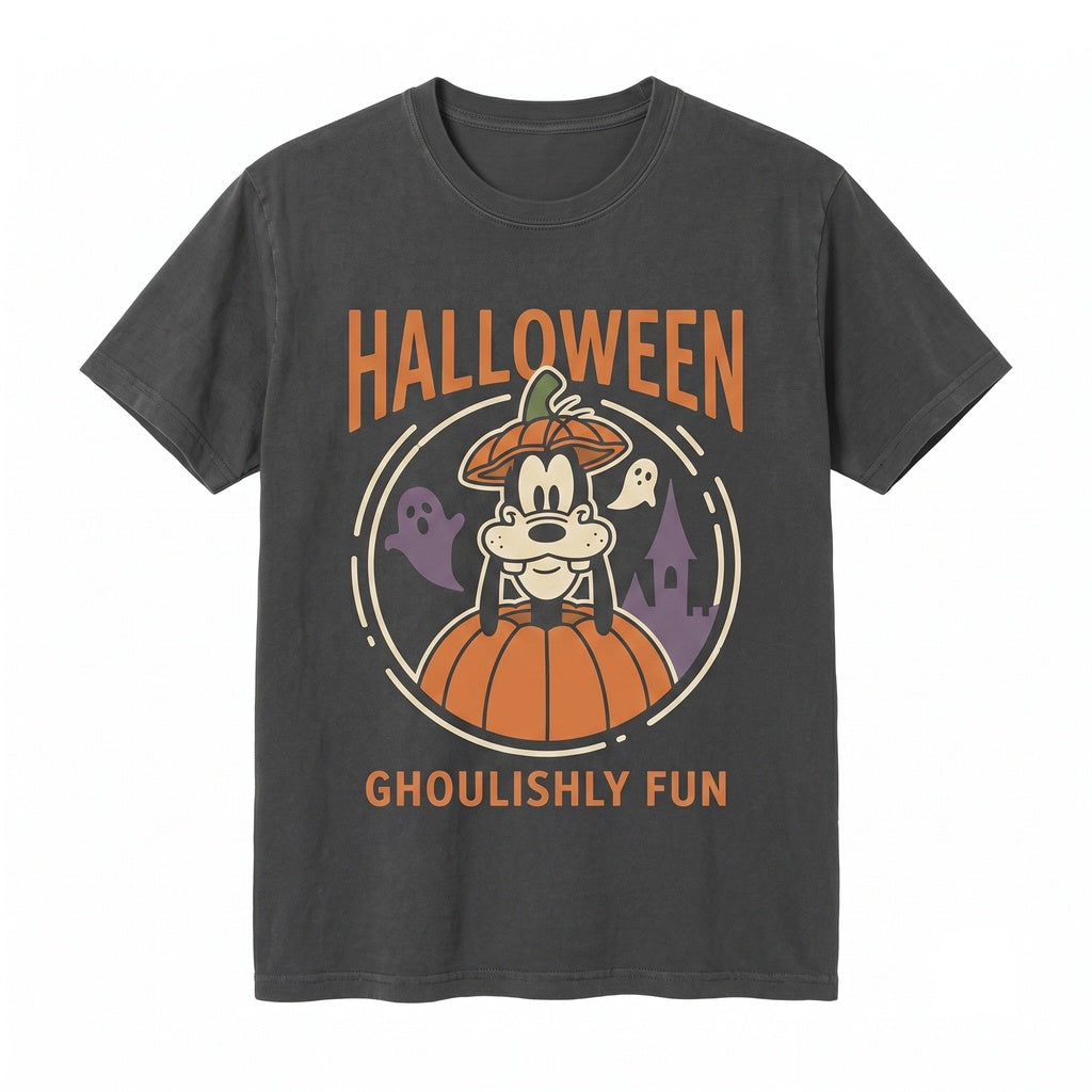 Spooky Theme Park Halloween Cartoon Mouse Dog Character Pumpkin Castle Bats Ghosts Party Graphic Unisex TShirt