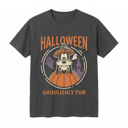 Spooky Theme Park Halloween Cartoon Mouse Dog Character Pumpkin Castle Bats Ghosts Party Graphic Unisex TShirt
