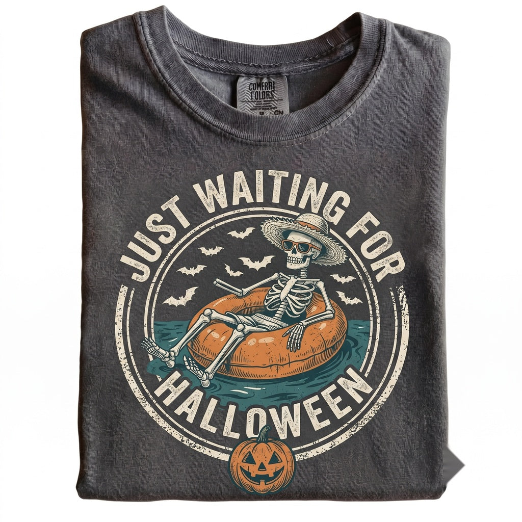 Skeleton Halloween Beach Spooky Summer Vacation Pumpkin Cocktail Drink Graphic Apparel Unisex TShirt