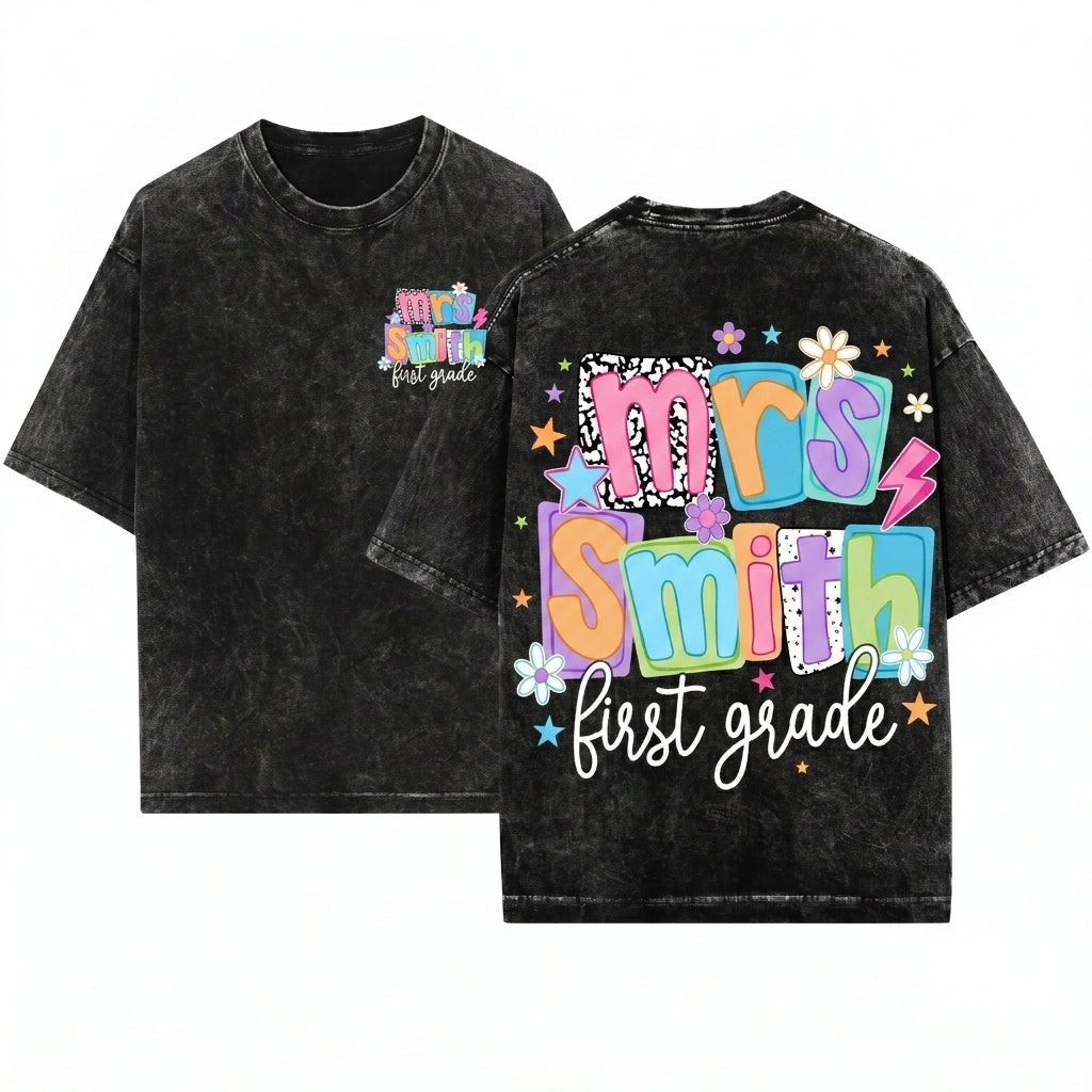 Personalized Name Colorful Groovy Doodle First Grade Teacher Back To School Gift Unisex Wash T-Shirt
