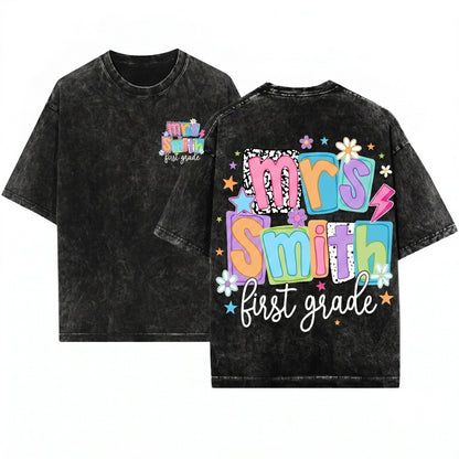 Personalized Name Colorful Groovy Doodle First Grade Teacher Back To School Gift Unisex Wash T-Shirt