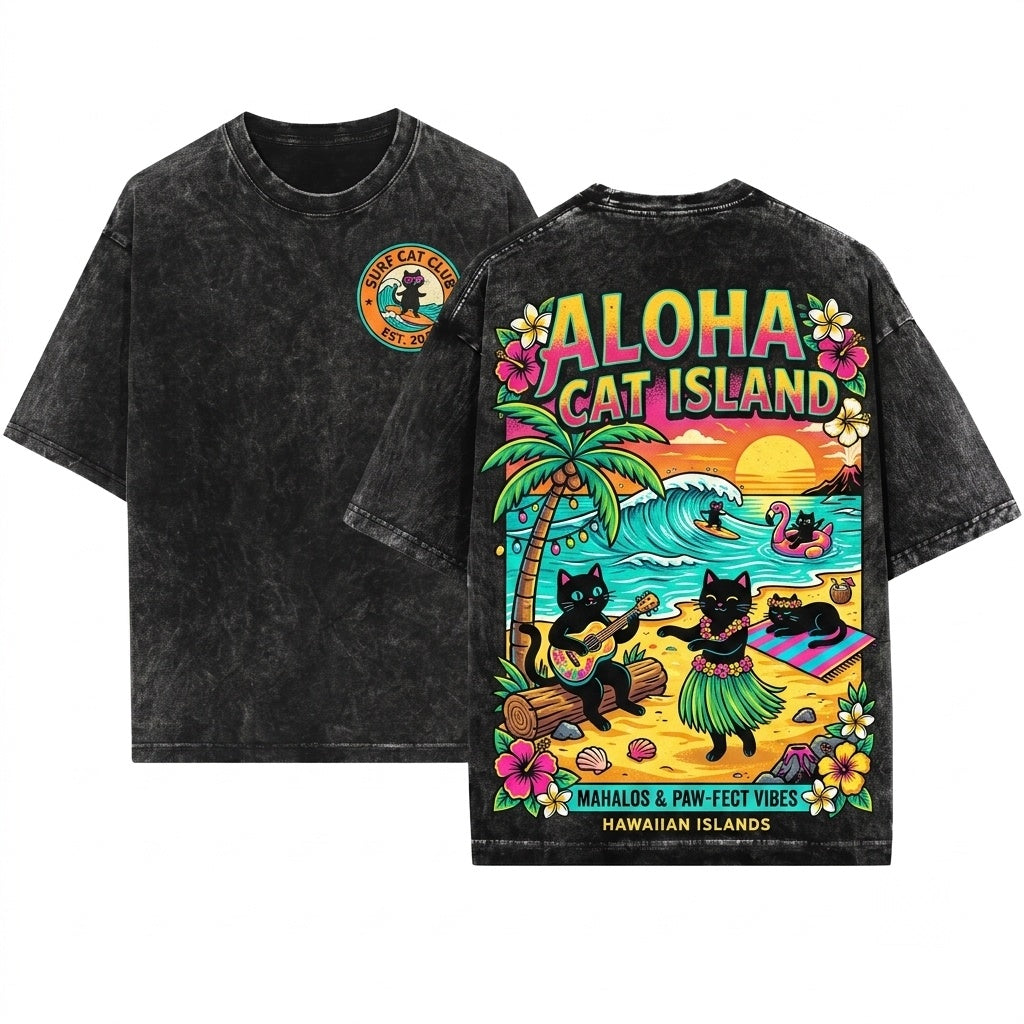 Funny Beach Vacation Aloha Surfing Black Cat Lover Unisex Wash T-Shirt