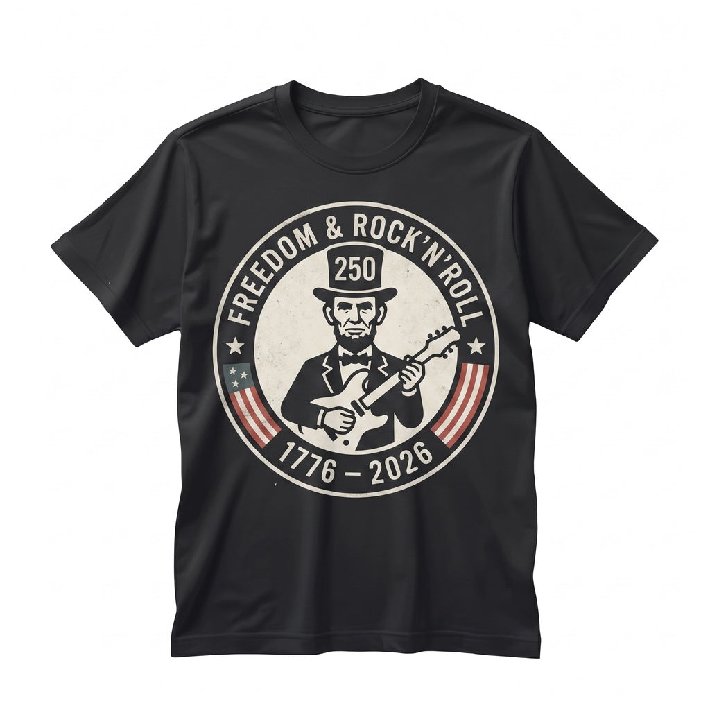 USA 250th Anniversary 1776-2026 Abraham Lincoln Playing Guitar Patriotic Graphic Vintage Unisex TShirt