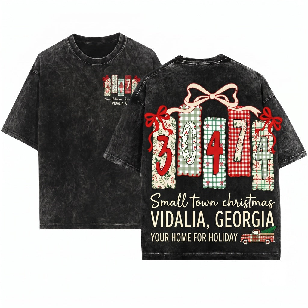 Red Preppy Coquette Small Town Christmas Custom Zipcode State Doodle Png Graphic Unisex Wash T-Shirt