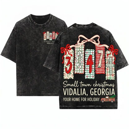 Red Preppy Coquette Small Town Christmas Custom Zipcode State Doodle Png Graphic Unisex Wash T-Shirt