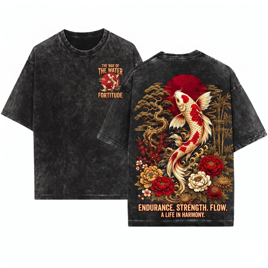 Japanese Koi Fish Vintage Art Aesthetic Red Sun Floral Graphic Gift Unisex Wash T-Shirt