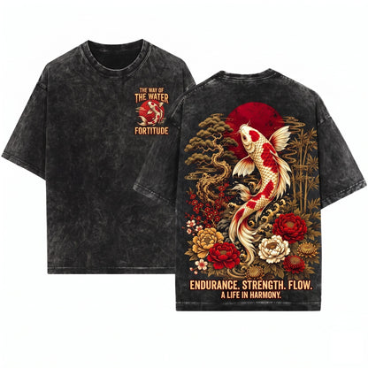 Japanese Koi Fish Vintage Art Aesthetic Red Sun Floral Graphic Gift Unisex Wash T-Shirt