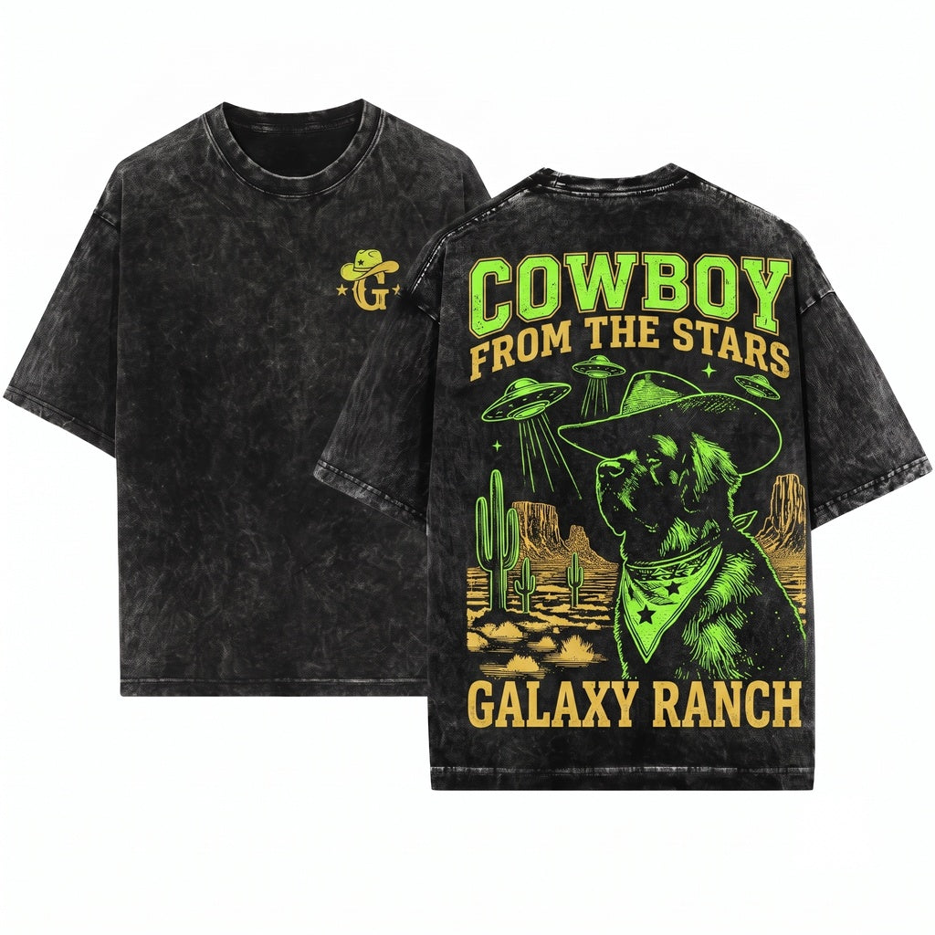 Vintage Retro Leonberger UFO Cowboy Alien Dog Owner Gift Unisex Wash T-Shirt
