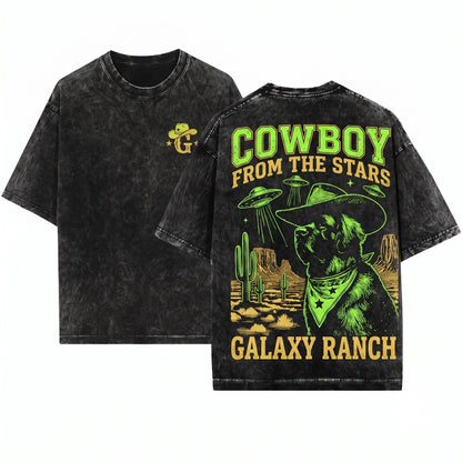 Vintage Retro Leonberger UFO Cowboy Alien Dog Owner Gift Unisex Wash T-Shirt
