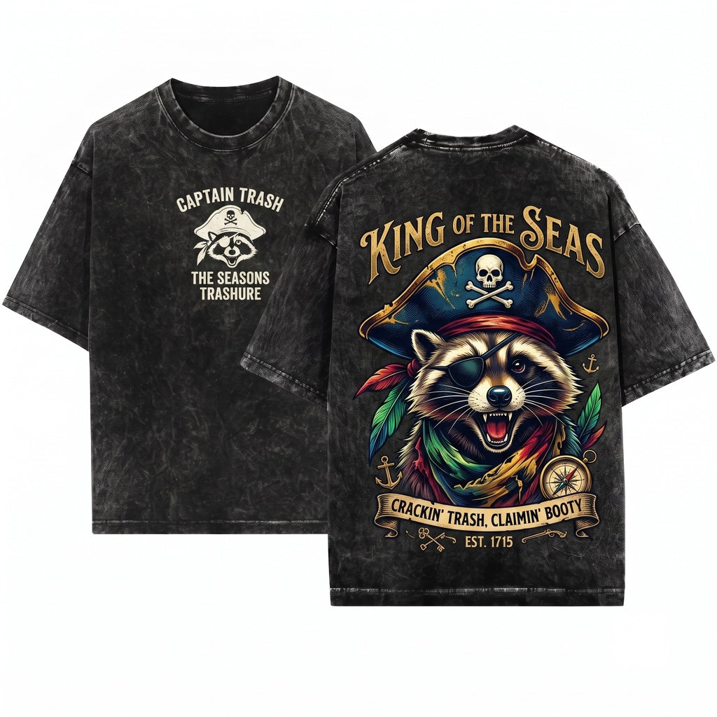 Retro Pirate Raccoon Graphic Novelty Vintage Adventure Woodland Animal Unisex Wash T-Shirt