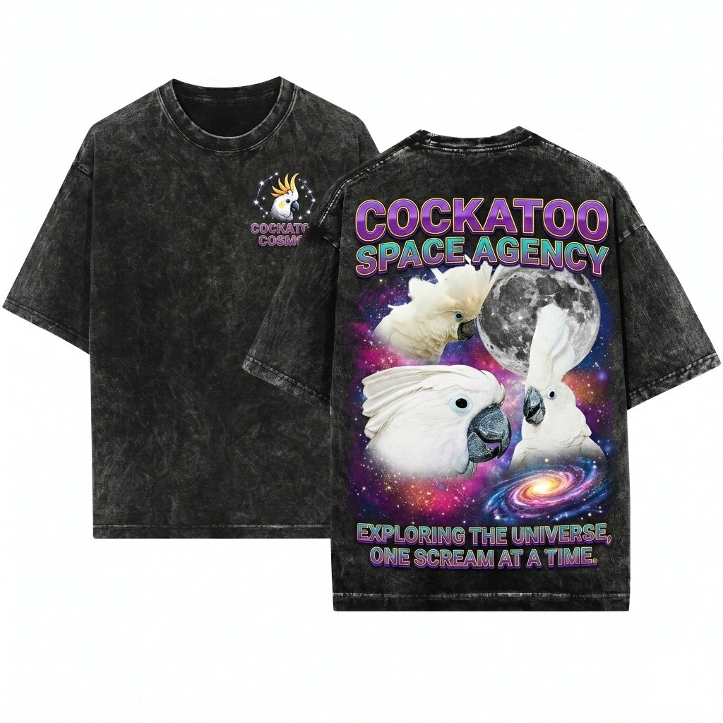 Three Umbrella Cockatoo Moon White Parrot Lover Exotic Bird Galaxy Retro Vintage Graphic Top Unisex Wash T-Shirt