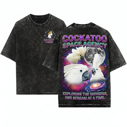 Three Umbrella Cockatoo Moon White Parrot Lover Exotic Bird Galaxy Retro Vintage Graphic Top Unisex Wash T-Shirt