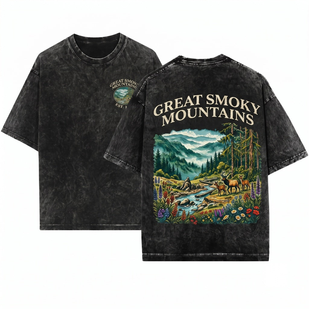 Great Smoky Mountains Tennessee Vintage Forest Wildlife Graphic Scenic Landscape Outdoor Aesthetic Gift Unisex Wash T-Shirt