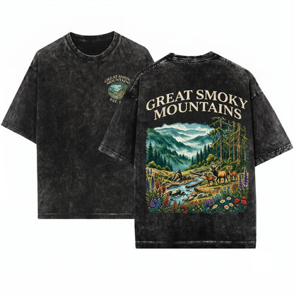 Great Smoky Mountains Tennessee Vintage Forest Wildlife Graphic Scenic Landscape Outdoor Aesthetic Gift Unisex Wash T-Shirt