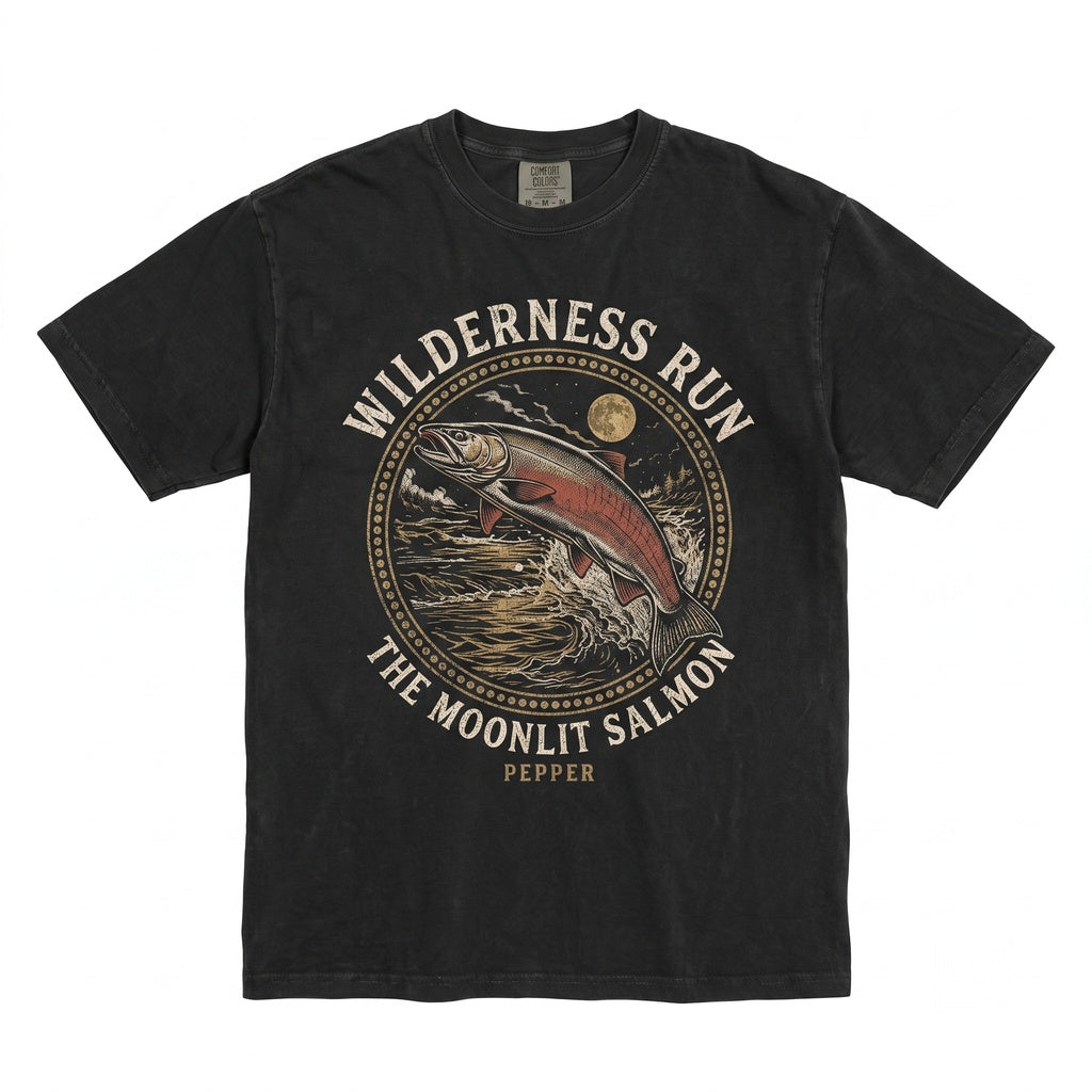 Salmon Fish 90s Moonlit Lake Graphic Fisherman Gift Outdoor Adventure Unisex TShirt