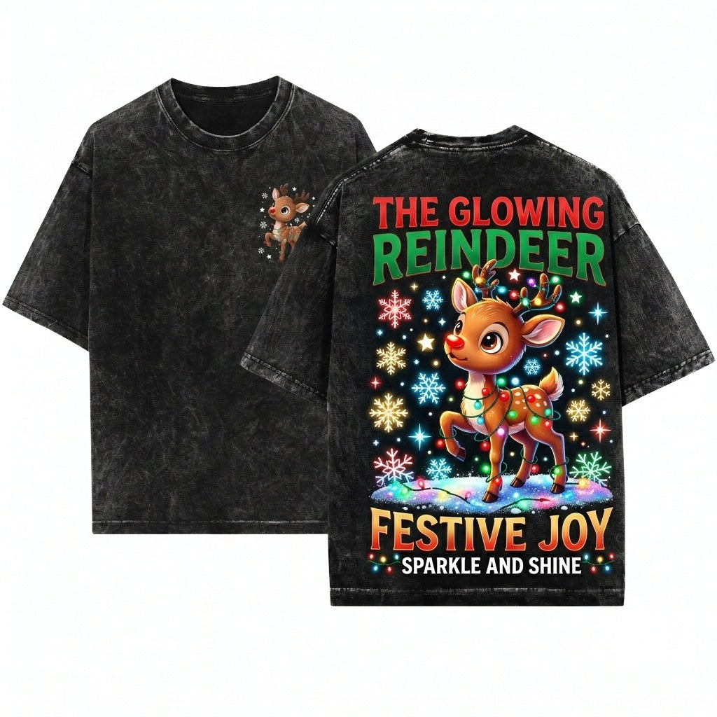 Adorable Red-Nosed Reindeer Festive Cartoon Holiday Child Gift Unisex Wash T-Shirt