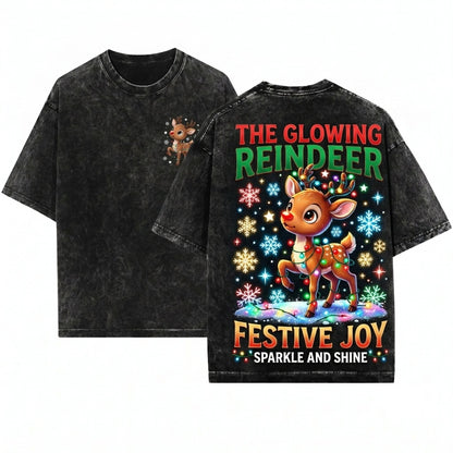 Adorable Red-Nosed Reindeer Festive Cartoon Holiday Child Gift Unisex Wash T-Shirt