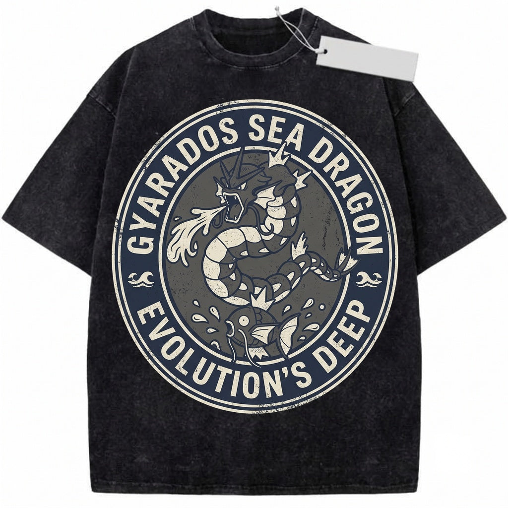 Gyarados Magikarp Vintage Wash Water Dragon Graphic Anime Streetwear Retro Oversized Gamer Gift Unisex TShirt