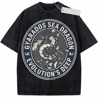 Gyarados Magikarp Vintage Wash Water Dragon Graphic Anime Streetwear Retro Oversized Gamer Gift Unisex TShirt