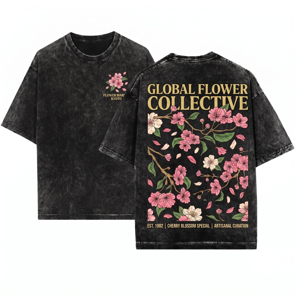 Kyoto Cherry Blossom Botanical Floral Graphic Sakura Top Unisex Wash T-Shirt