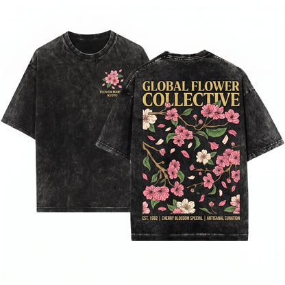 Kyoto Cherry Blossom Botanical Floral Graphic Sakura Top Unisex Wash T-Shirt
