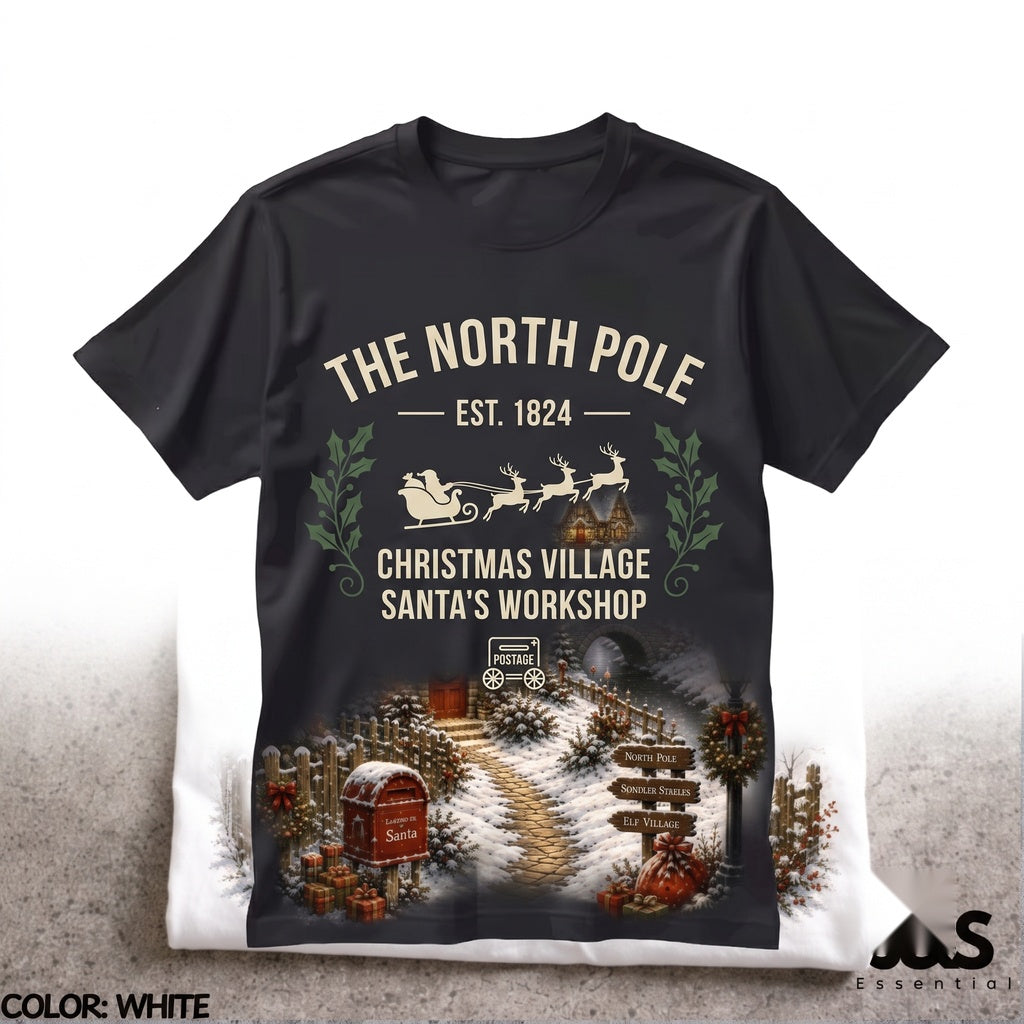 Vintage Snowy Christmas Village Santa Sleigh Cozy Holiday Winter Graphic Gift Unisex TShirt