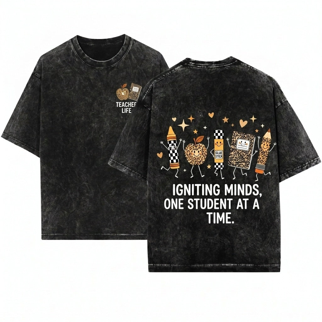 Custom Teacher Name Leopard Checkered School Supplies Back To Classroom Gift Unisex Wash T-Shirt