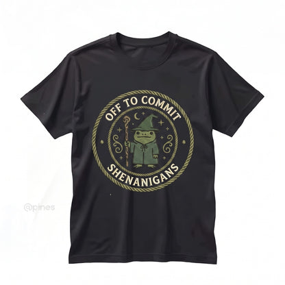 Off to Commit Shenanigans Wizard Frog Funny Tabletop RPG Embroidered Ren Faire Fantasy Gift Unisex TShirt
