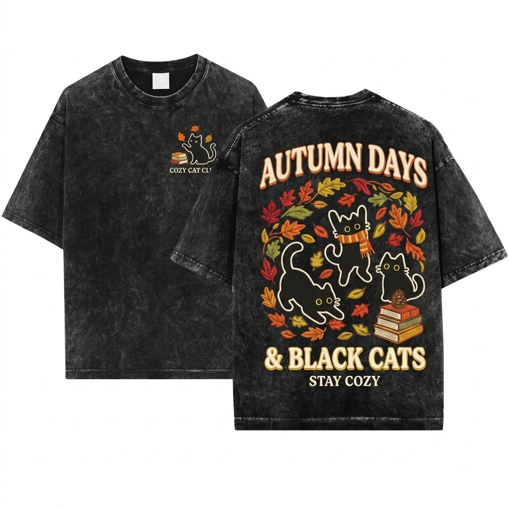 Black Cats Autumn Leaves Cute Embroidered Cozy Cat Lovers Gift Aesthetic Unisex Wash T-Shirt