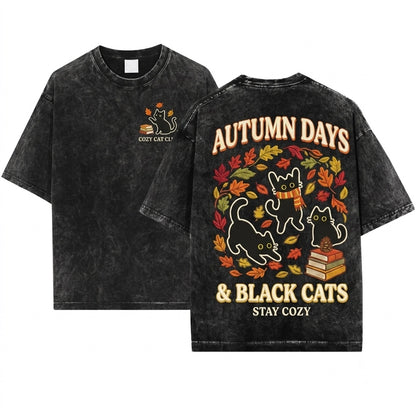 Black Cats Autumn Leaves Cute Embroidered Cozy Cat Lovers Gift Aesthetic Unisex Wash T-Shirt