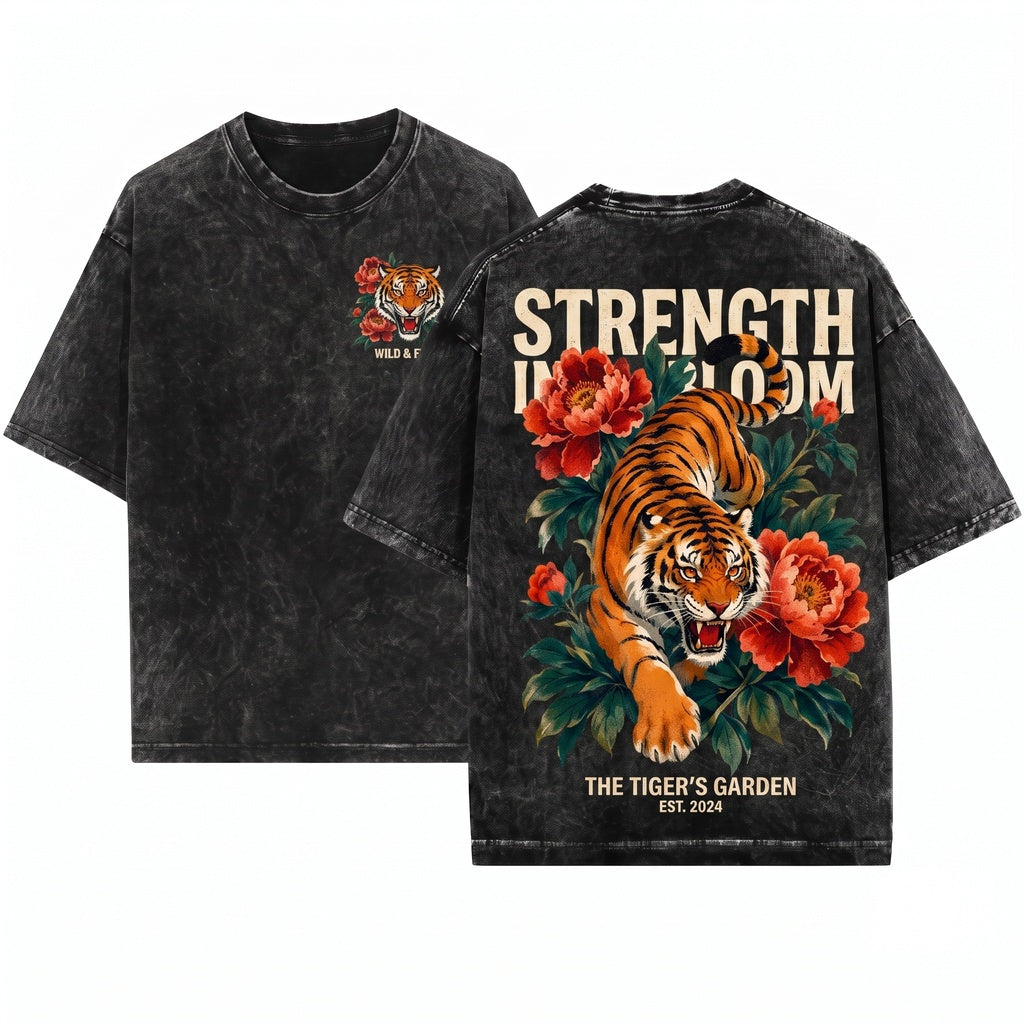 Vintage Tiger Peony Floral Graphic Wildlife Botanical Nature Lover Gift Unisex Wash T-Shirt
